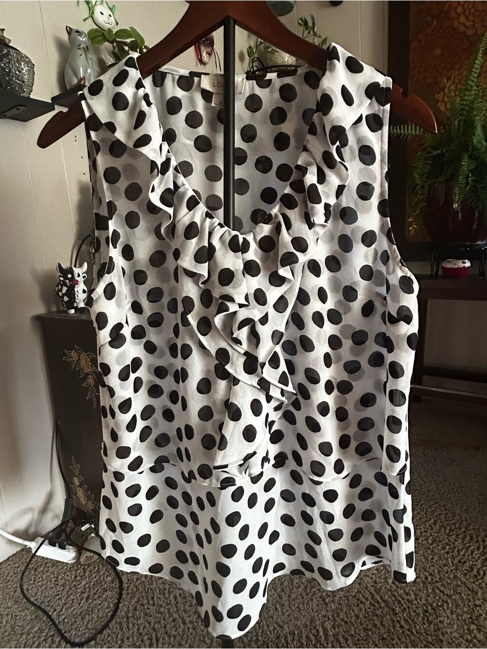 LOFT Black and White Polka Dot Ruffle V-Neck Dress
